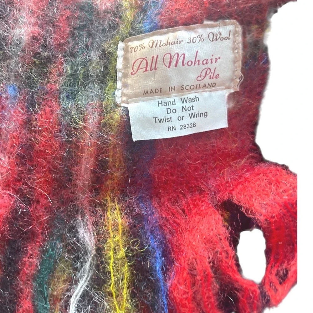 Vintage Red Tartan Plaid Scottish Mohair Wool Scarf Made in Scotland Fringe‎